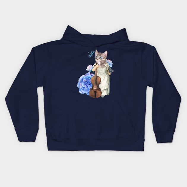 Vintage cat violin Kids Hoodie by Mako Design 